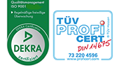 Logo der Zertifizierungen von DEKRA und TÜV Profi CERT DIN 14675